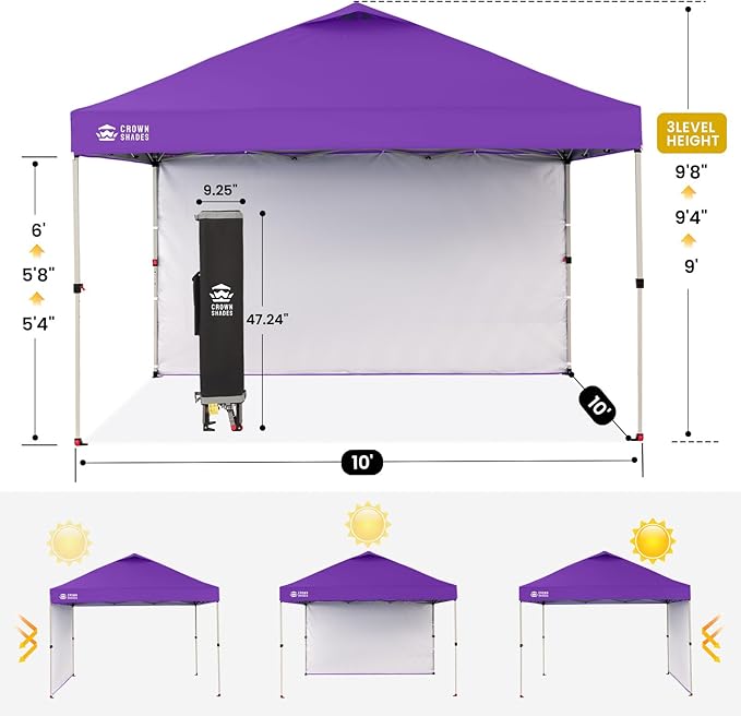 CROWN SHADES 10x10 Pop Up Canopy with 1 Side Wall - Beach Tent with One Push Setup - Outdoor Sun Shade for Events, Parties, Camping - Gazebo with STO-N-Go Cover Bag (Purple)