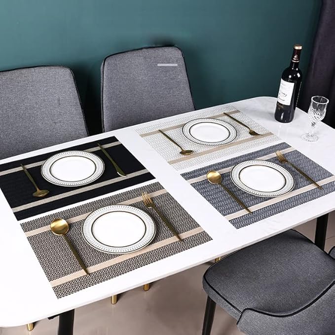 PIGCHCY Luxurious Placemats Set of 8, 18 x 12 inches Elegant Placemats Non-Slip Washable Durable Table Mats for Home/Dining Room Decoration (Black)