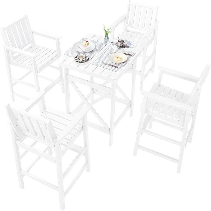 5 Pieces Adirondack Bar Chairs Set, HDPE Patio Bar Height Table and Chairs, Tall Adirondack Outdoor Bar Stools Set, HDPE Patio Bar Sets Furniture for Garden, Poolside, Bistro, Pearl