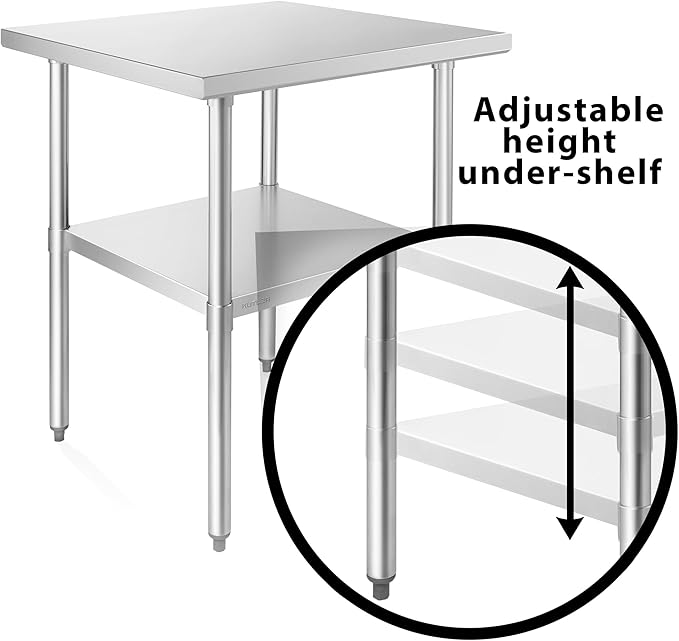 KUTLER Stainless Steel Table 24 x 24 Inches, NSF Heavy Duty Commercial Kitchen Prep and Work Table with Undershelf for Restaurant, Hotel, Home