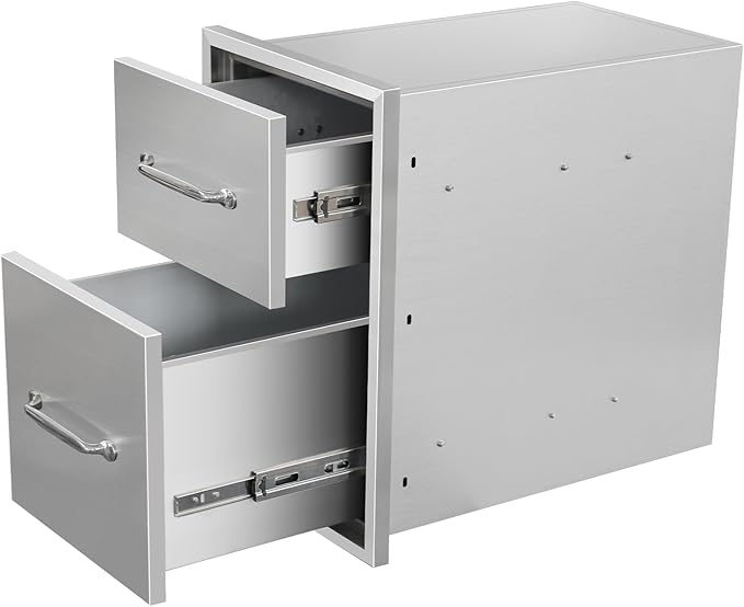 Outdoor Kitchen Drawers 14" W x 21" H x 21" D Flush Mount Double BBQ Drawers with Chrome Handle Stainless Steel Drawer for Outdoor Kitchen Island, Patio Grill Station