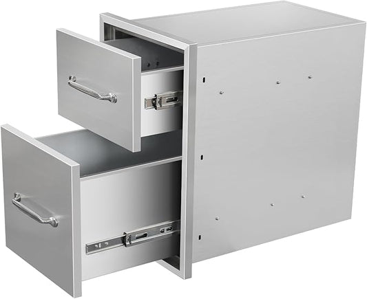 Outdoor Kitchen Drawers 14" W x 21" H x 21" D Flush Mount Double BBQ Drawers with Chrome Handle Stainless Steel Drawer for Outdoor Kitchen Island, Patio Grill Station
