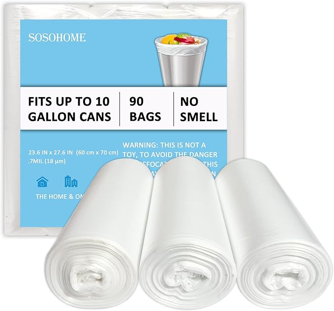 10 Gallon Trash Bags - 18 Micron Ultra Thick Strong Clear Medium Size Garbage Bin Liners for Office Kitchen, Fit 8-10 Gallon, 90 Count