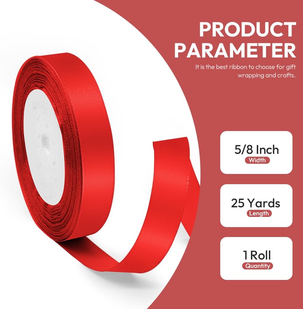 5/8" x 25 Yards Satin Ribbon, Red Silk Ribbon Ideal for Gift Wrapping, Floral Bouquets, Crafts, Wedding Party Decorations, Christmas and Sewing Projects