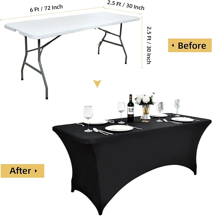 2-Pack 6ft Black Spandex Table Covers for Rectangle Standard Folding Tables - Wrinkle Resistant Stretch Tablecloths - Ultimate Fitted Table Protector for Parties, Trade Shows, Banquet