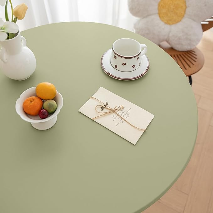 Round Fitted PU Tablecloth with High Elastic Edge 59 Inch Dia Waterproof Oil Proof Table Cloth Anti-Scald Stain-Resistant Wipeable Table Cover for Indoor Outdoor Picnic (Green,59" Dia)