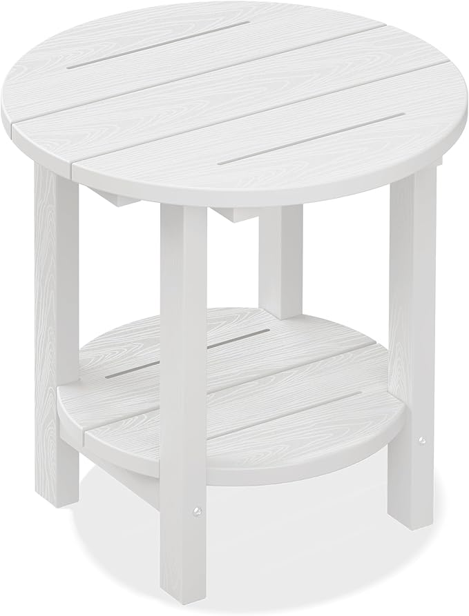 SERWALL Round Outdoor Side Table, HDPE Small Adirondack End Table,2-Tier Patio Side Table for Backyard Pool Porch Garden Lawn, White
