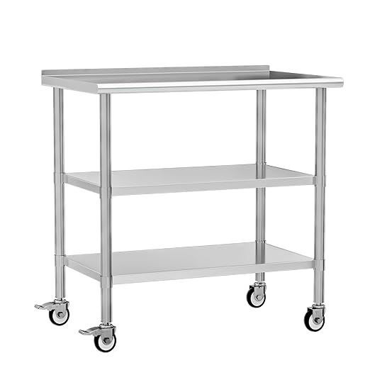 Stainless Steel Work Table with Wheels, 24x48 Inch NSF Food Prep Table with Backsplash & 2 Adjustable Undershelves for Commercial Kitchen, Restaurant, Garage