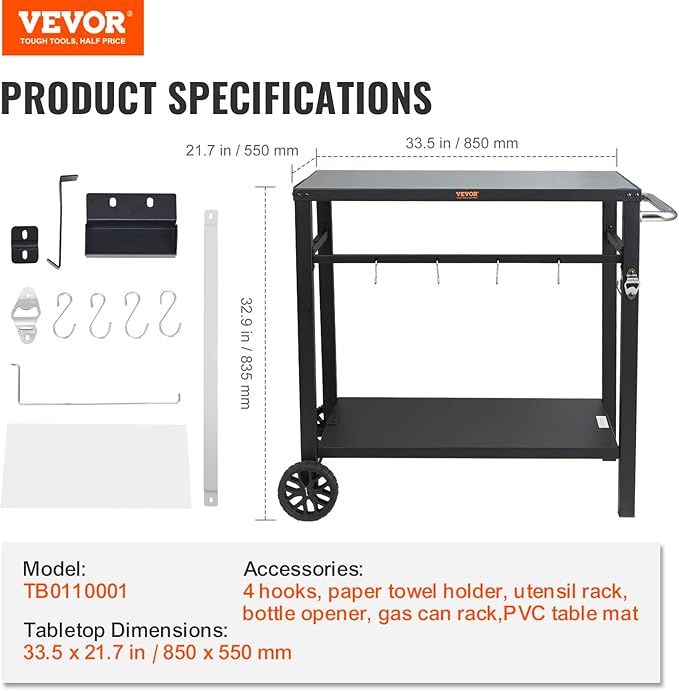 VEVOR Outdoor Grill Cart with Double-Shelf, BBQ Movable Food Prep Table with PVC Placemat, Black Iron Table Top, Portable Modular Carts for Pizza Oven, Worktable with 2 Wheels, Carry Handle