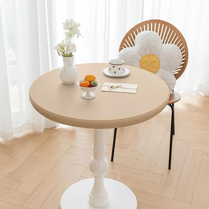 Round Fitted PU Tablecloth with High Elastic Edge 35 Inch Dia Waterproof Oil Proof Table Cloth Anti-Scald Stain-Resistant Wipeable Table Cover for Indoor Outdoor Picnic (Beige,35" Dia)