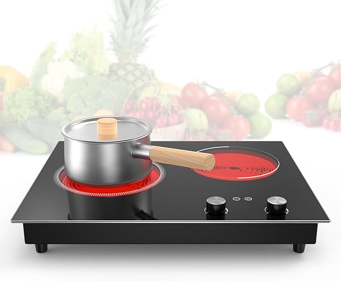 Electric Cooktop,1110V 2100W 2 Burner stove,Built-in & Countertop Stove Top with10 Heating Level, Timer & Kid Safety Lock, LED Knob Touch Control 2 Burner Electric Cooktop