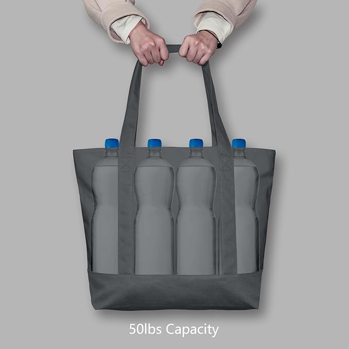 TOPDesign 6-Pack Canvas Tote Bags with an External Pocket, Reusable Grocery Shopping Bags, Top Zipper Closure, Daily Essentials (Grey)