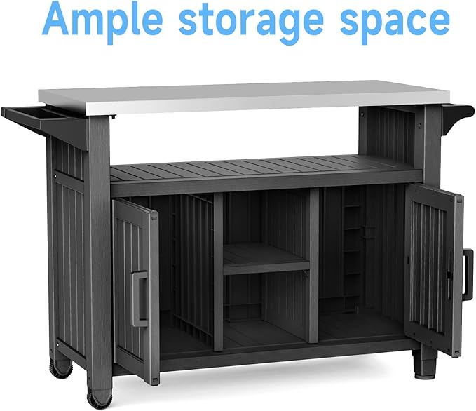 Portable Outdoor Prep Table with Stainless Steel Top – Rolling Storage Cabinet for Patio, BBQ, and Backyard Cooking (Black)