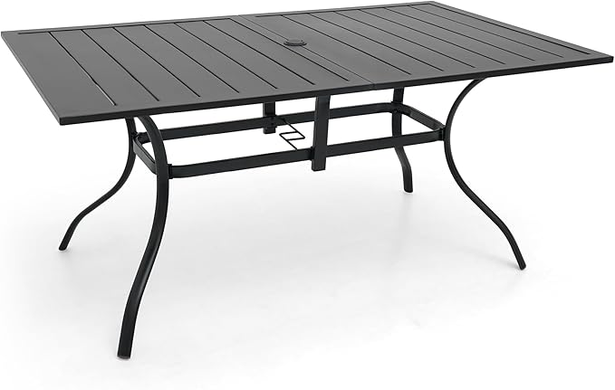 Vrivla Outdoor Dining Table, Rectangular Patio Table with Slatted Top with Black Metal Frame for 6 Person