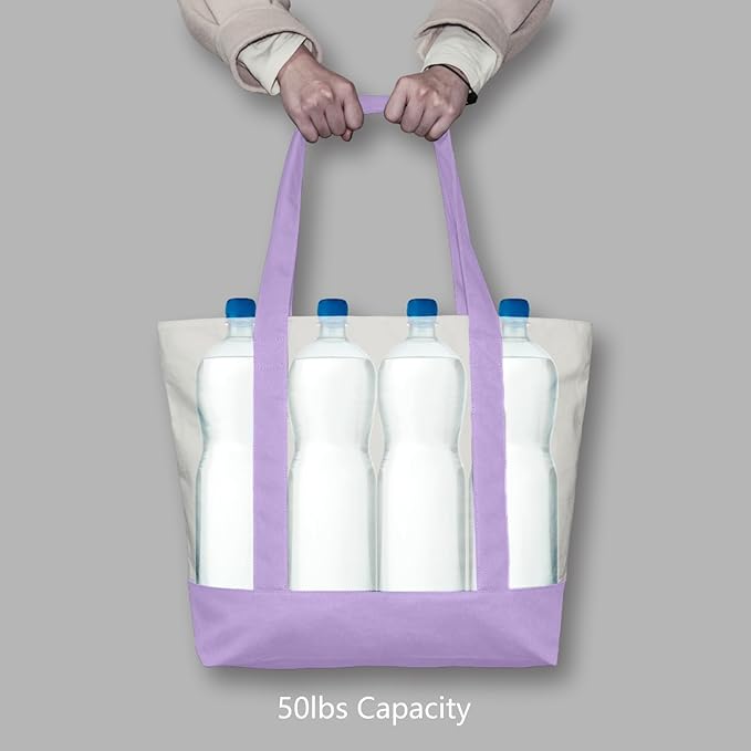 TOPDesign 1-Pack Canvas Tote Bag with an External Pocket, Reusable Grocery Shopping Bag, Top Zipper Closure, Daily Essentials (Lavender/Natural)