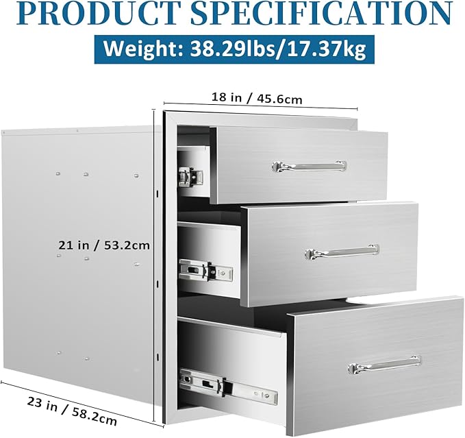 Outdoor Kitchen Drawers 18"Wx21"Hx23"D Flush Mount Access 3-Drawer BBQ Stainless Steel Drawers with Handle for Outdoor Kitchen Island or Grill Station