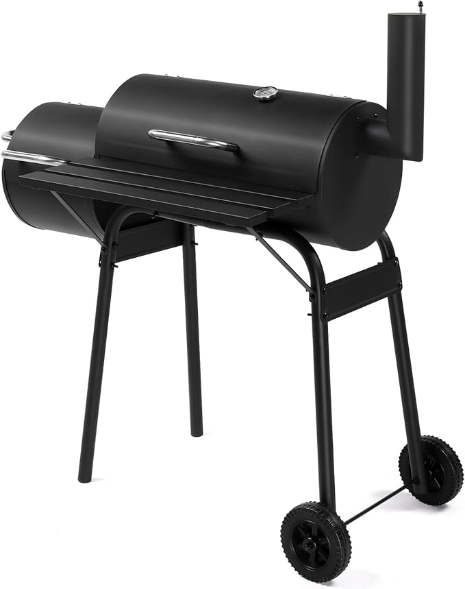 VINGLI Barrel Charcoal Grill with Offset Smoker, Large BBQ Outdoor Smoker Grill with Wheels for Party Garden Patio and Backyard Cooking 44 x 22 x 37 inch