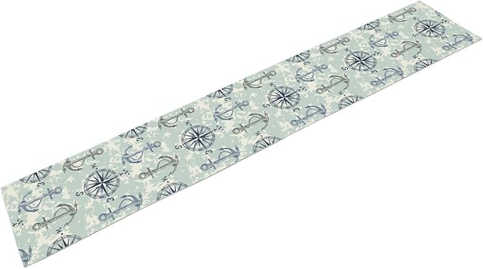 Summer Beach Table Runner, Blue Sea Coastal Nautical Sailboat Map Sketch Compass Ocean Table Runner Seasonal Holiday Home Kitchen Dining Table for Home Party Decor 13"x72"