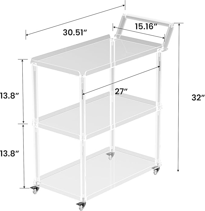 Dethan Acrylic Bar Cart with Lockable Wheels, Rolling Serving Cart with Pulling Handle, 3-Tier Clear for Home Bar, Kitchen, Living Room, Portable Beverage Space-Saving Modern Acrylic Trolley