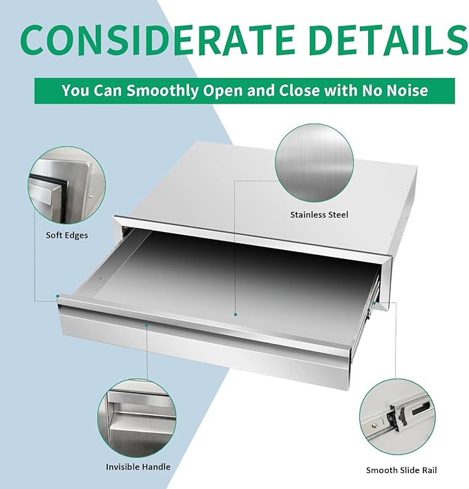 Outdoor Kitchen Drawers 24" W x 6.5" H x 23" D Stainless Steel Single Drawers with Hidden Handle for BBQ Island, Patio Grill Station & Outdoor Kitchen Cabinets