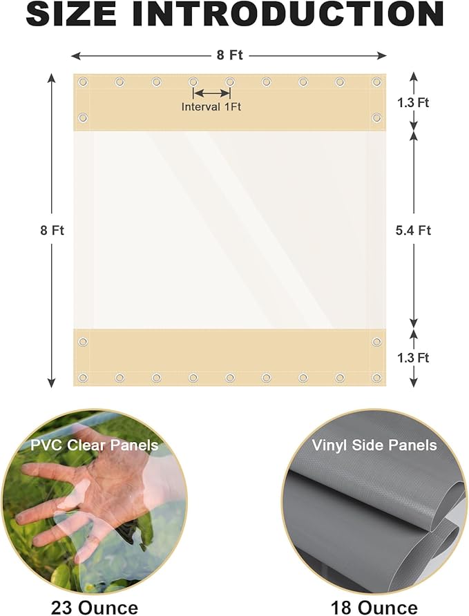 Clear Vinyl Curtains for Patio Enclosure, 23oz Heavy Duty Waterproof Anti-UV and Tear-Resistant Tarpaulin with Grommets, Weatherproof Panels for Porch, Pergola, Gazebo, Balcony, Outdoor