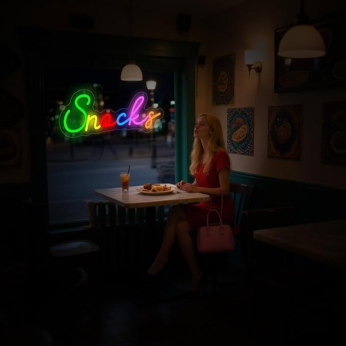 Snacks Neon Sign, Snack Bar Sign for Wall Decor, Colorful Snacks Neon Light Sign for Cake Candy Shop Coffee Bars, Dimmable USB Powered Light Up Sign