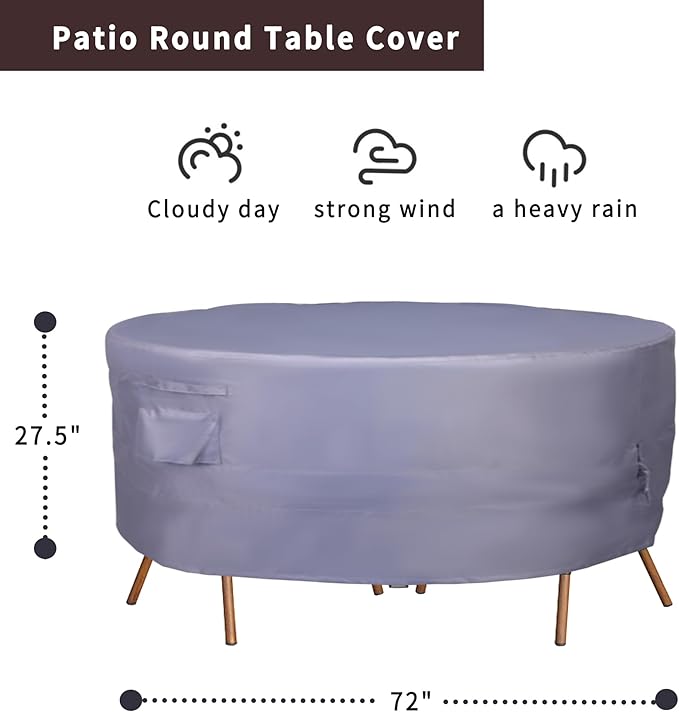 Round Patio Furniture Cover, Heavy Duty and Waterproof for Outdoor Furniture covers, Round outdoor table cover, Patio table cover 72"DIA x 27.5"H Grey