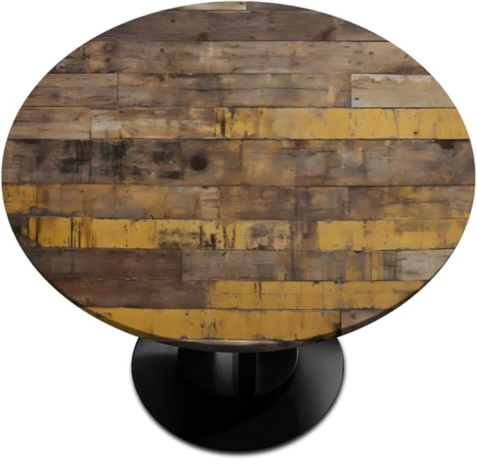 Brown Wooden Planks Retro Round Table Cloth Cover, Elastic Edge Waterproof Wipeable Tablecloths 45"-56" Polyester Tablecloth for Party Restaurant Banquet Holiday Camping Outdoor Picnic
