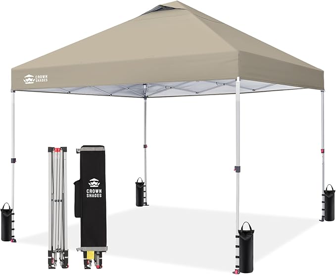 CROWN SHADES 12x12 Pop Up Canopy Outside Canopy, Patented One Push Tent Canopy with Wheeled Carry Bag, Bonus 8 Stakes and 4 Ropes, Beige