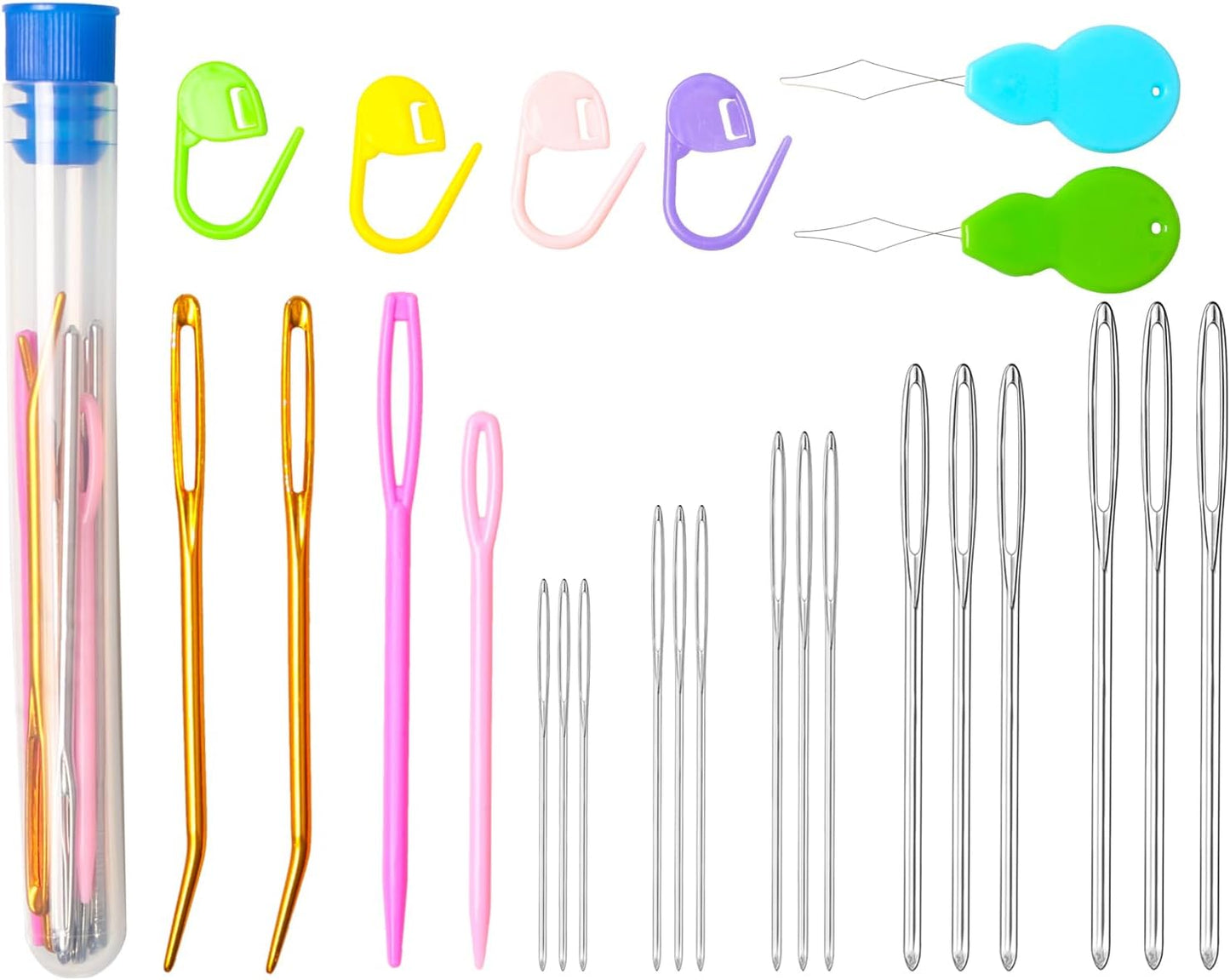 Hekisn 25Pcs Large Eye Blunt Yarn Needles Kit, Assorted Sizes Bent Tapestry Darning Needle & Stitch Markers &Threaders for Knitting, Crochet (Blue)