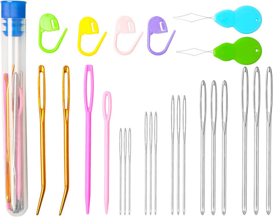 Hekisn 25Pcs Large Eye Blunt Yarn Needles Kit, Assorted Sizes Bent Tapestry Darning Needle & Stitch Markers &Threaders for Knitting, Crochet (Blue)