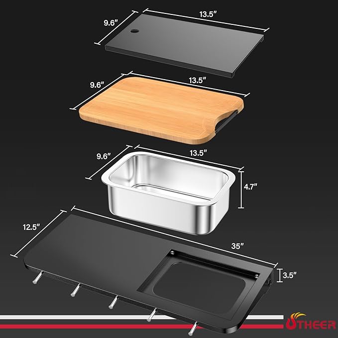 Utheer Front Folding Grill Table for Weber Searwood XL 600 – 35" x 12.5" Large Front Shelf with Stainless Steel Basin, Works Cutting Board, Lid & 5 Hooks, Heavy-Duty Weber Searwood XL 600 Accessories