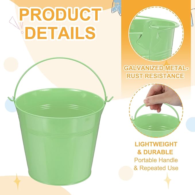 Small Metal Buckets, Mini Buckets with Handle Galvanized Colored Tin Pail Containers Basket Party Supplies - Fit for (Halloween - Classroom Crafts) 5" & 10Pcs & Light Green