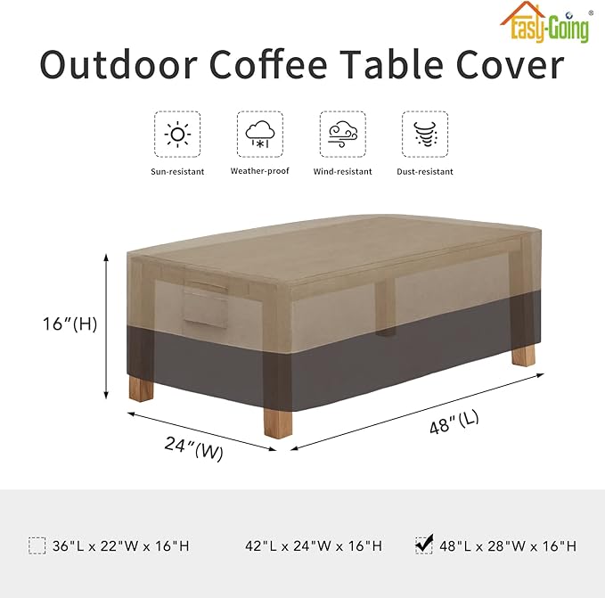Easy-Going Patio Coffee Table Cover Small Outdoor Rectangular Table Cover, UV Resistant Waterproof Patio Furniture Ottoman Cover (48" Lx28 Wx16 H, Camel/Dark Brown)