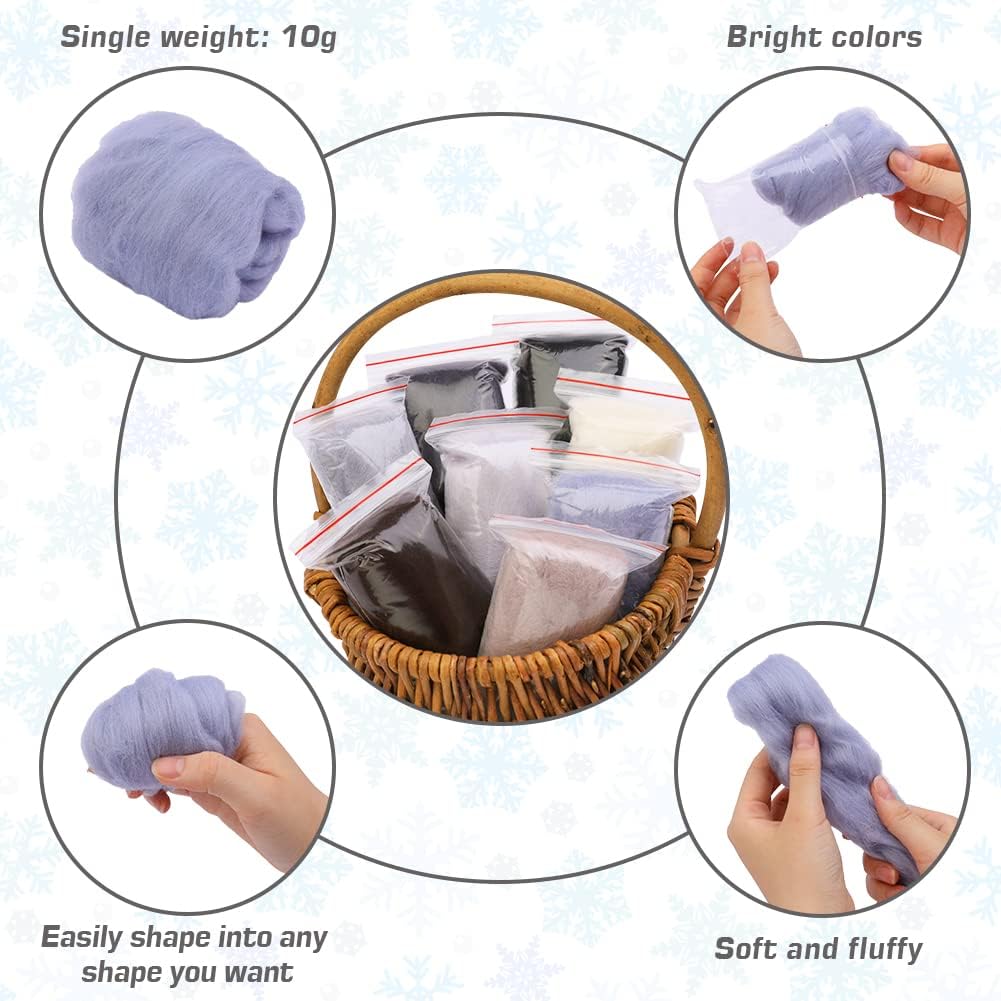 Wonvoc Needle Felting Wool 2.82oz/80 g, 8 Colors Nature Wool Roving Yarn, Hand Spinning Wool Roving Wool Yarn for DIY Craft Materials (Winter)