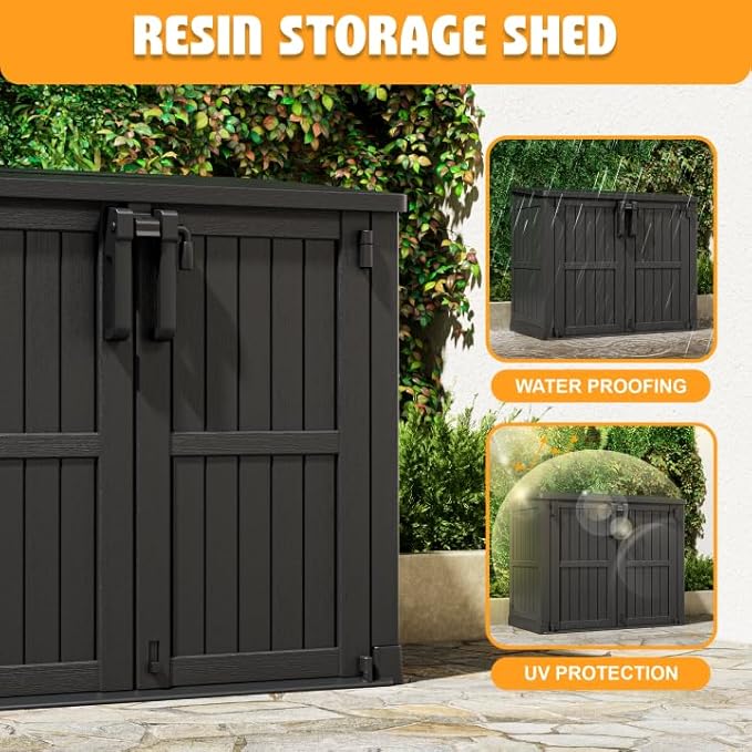 LHBcraft Outdoor Storage Cabinet 36 Cu Ft with Lockable Doors, Portable Horizontal Resin Storage Shed - Easy to Assemble, Waterproof Small Storage Shed with Floor Black