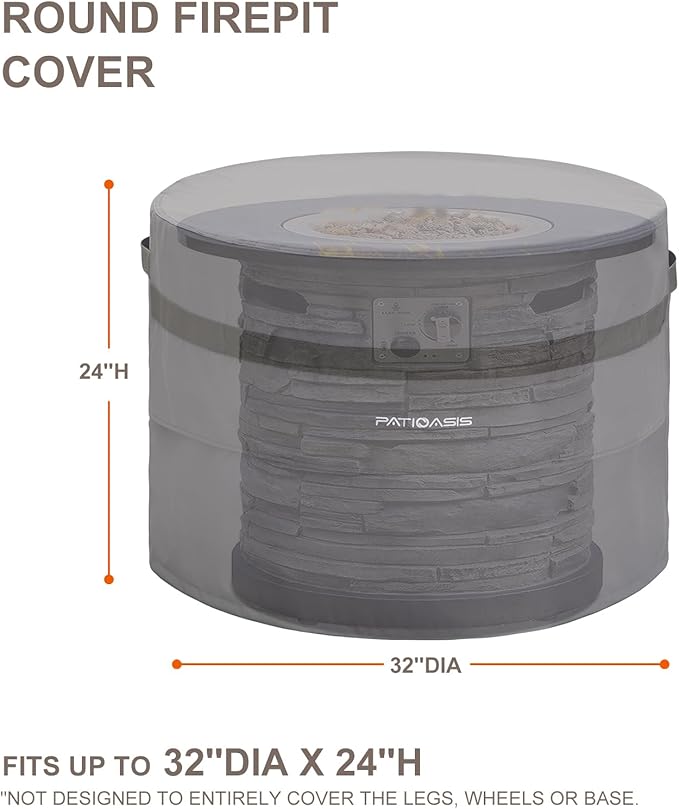 Grey Round Firepit Table Cover 32''Dia Waterproof Outoor Patio Gas Fire Bowl Cover 600D All Weather Resistant Fire Pit Covers Round