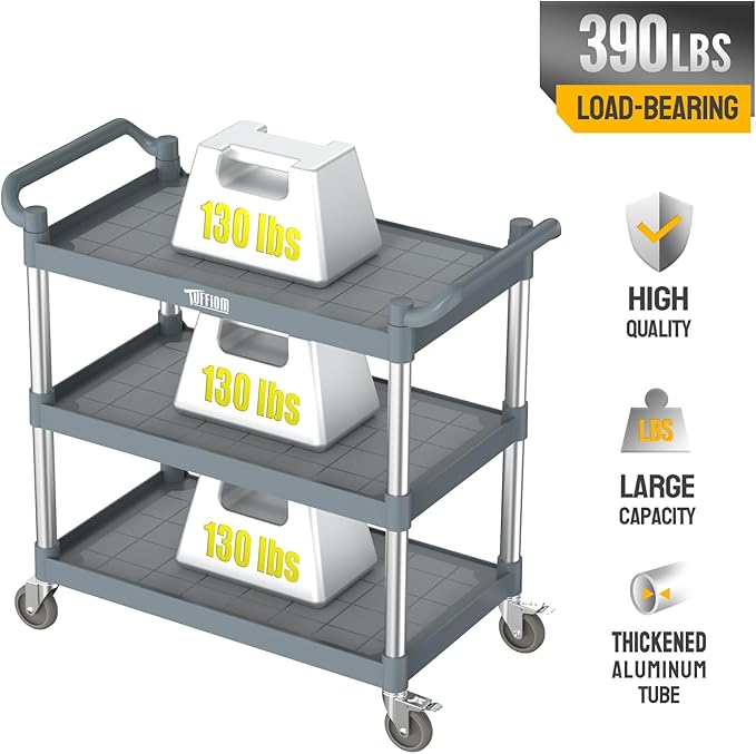 TUFFIOM Plastic Service Utility Cart with Wheels,Heavy Duty 450lbs Capacity, 3-Tier Commercial Rolling, Ideal for Restaurant, Foodservice, Office, Warehouse, Gray 40.4''L x 19.7''W x 38.6''H
