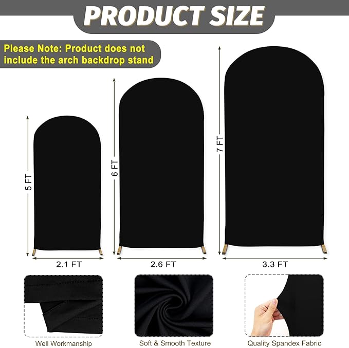 MODFUNS Black Arch Cover 5ft 6ft 7ft Wedding Arch Cover Set of 3 Round Top Arch Stand Covers Chiara Arched Backdrop Covers Elegant Arched Backdrop for Baby Bridal Shower Reception Party Decoration