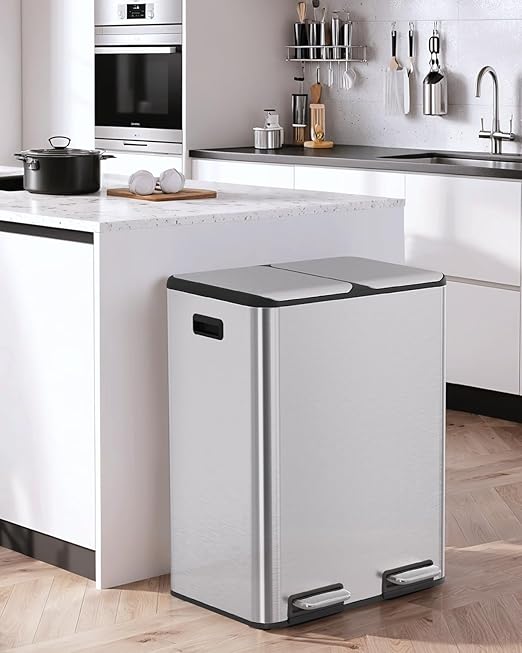 Arlopu 16Gal Dual Trash Can w/2 Built-in Box for Odor Control, Hands-Free Kitchen Garbage Bin, Recycle Waste Dustbin, Soft-Close Lid, 2 Buckets,Foot Pedal, Side Handle, Airtight,for Home (Silver)