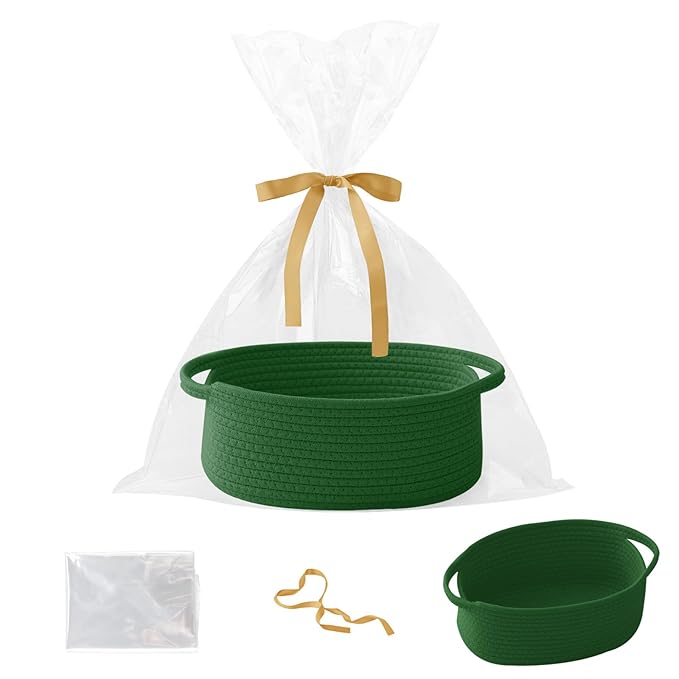 Gift Basket with Gift Bag and Ribbons,Small Rope Woven Shelf Storage,Baskets for Gifts Empty,Birthday,Baby Shower,Decorative Organizer Box with Handles(Green)