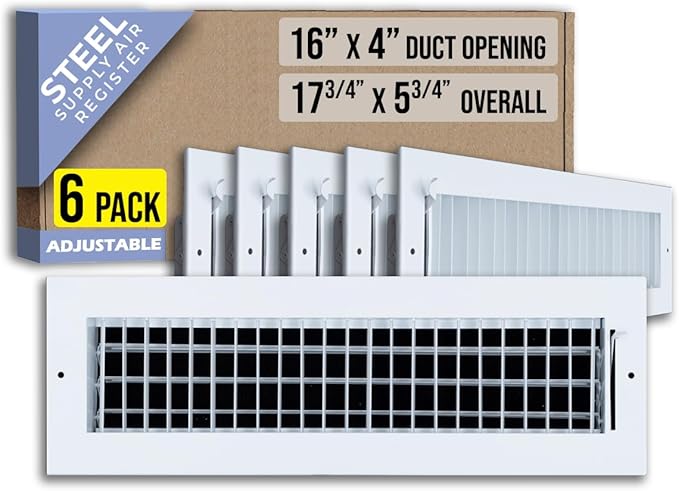 [6 Pack] Fits 16x4 Duct Opening Steel Adjustable Air Supply Grille by Handua | Register Vent Cover Grill for Sidewall and Ceiling | White | Out. Dim.: 17.75" X 5.75"