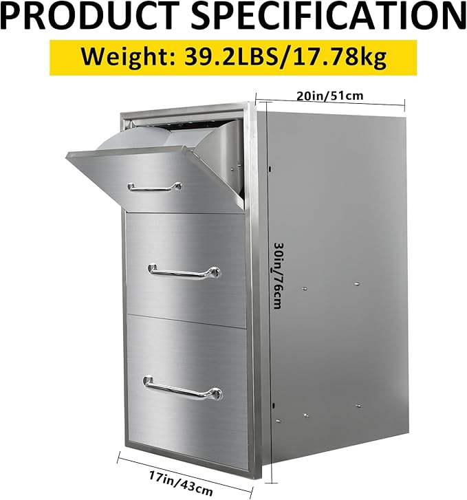 Outdoor Kitchen Drawers with Paper Towel Holder 17" W x 30"H Flush Mount BBQ Drawers with Chrome Handle,Stainless Steel Built-in Triple Access Drawers for Outdoor Kitchen Island, Patio Grill Station