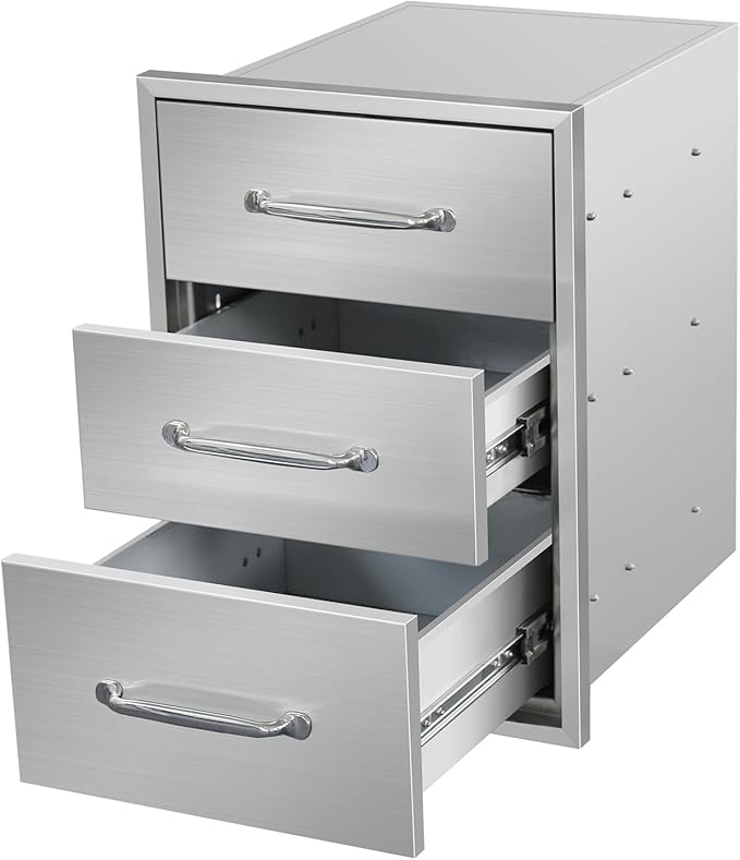 Outdoor Kitchen Drawers 15.7"Wx21.6"Hx17.7"D Flush Mount Access 3-Drawer BBQ Stainless Steel Drawers with Handle for Outdoor Kitchen Island or Grill Station