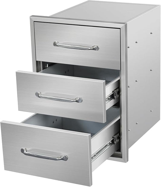 Outdoor Kitchen Drawers 15.7"Wx21.6"Hx17.7"D Flush Mount Access 3-Drawer BBQ Stainless Steel Drawers with Handle for Outdoor Kitchen Island or Grill Station