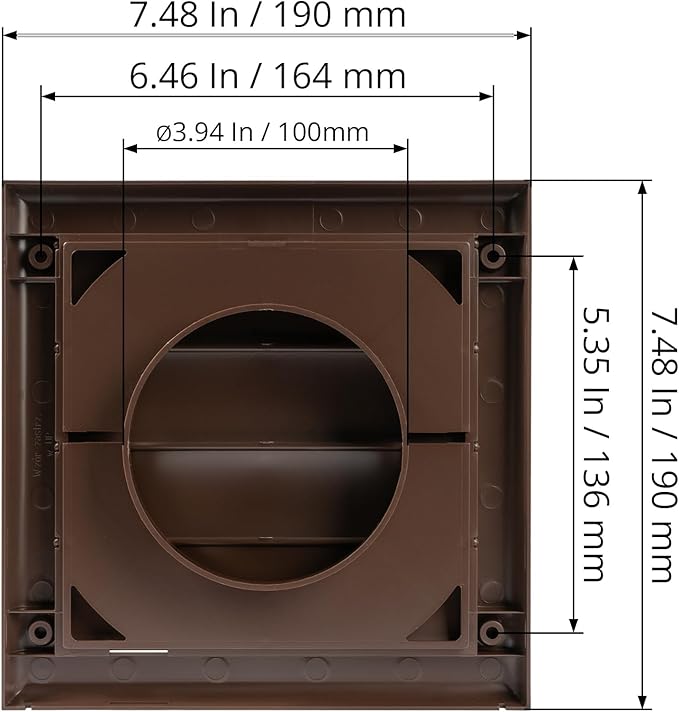 Plastic 4" Brown Dryer Vent Cover with Flange - Exhaust Ventilation Grille with Shutters - Louvered Air Vent for Bathroom, Kitchen, Garage various Ventilation Systems Ø3.9" / 7.5" x 7.5"