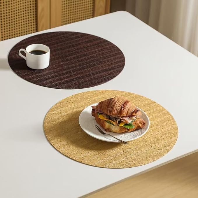 PIGCHCY Round 15" Water-Resistant Placemats Set of 6, Premium Faux Leather Placemats PVC Easy Clean Table Mats for Hotels Outdoor Dining, Wedding Decor (Golden Beige)