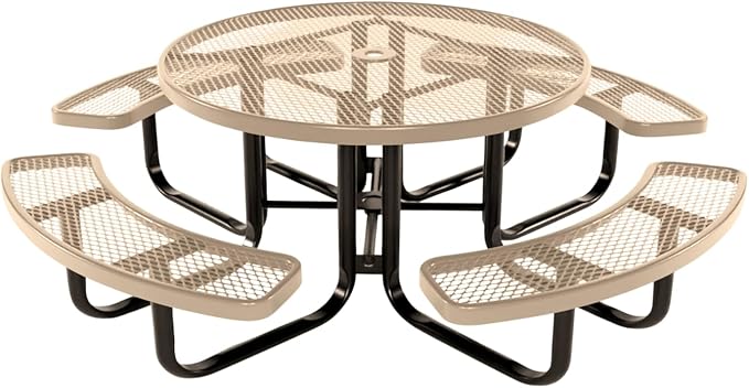 COATEDOUTDOORFURNITURE Heavy-Duty Portable Outdoor Kids Table with Umbrella Hole, Expanded Metal Kids Picnic Table, Commercial-Grade, Made in America (46 in, Round, Childrens, Tan)