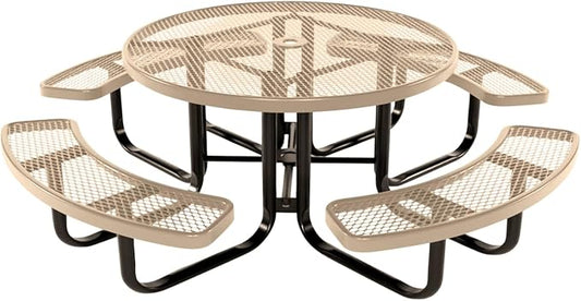COATEDOUTDOORFURNITURE Heavy-Duty Portable Outdoor Kids Table with Umbrella Hole, Expanded Metal Kids Picnic Table, Commercial-Grade, Made in America (46 in, Round, Childrens, Tan)