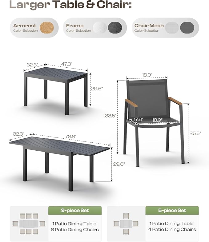 Expandable Outdoor Patio Dining Table Set for 6-8 Person, Aluminum Outdoor Table and 8 Chairs with Textilene Fabric & HDPS Armrest, All-Weather Patio Furniture Set for Yard, Garden, Gray